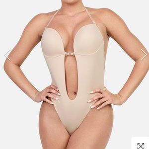 Popilush Strapless U Plunge Thong Bodysuit Backless Bra - Large - Nude Color